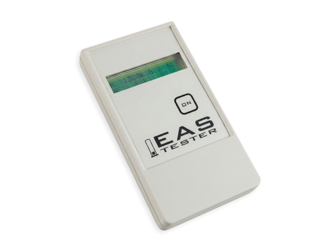 The EAS Tester: a must have for every technician installing RF electronic article surveillance systems. Within a fraction of a second, the EAS Tester provides you with instant information about the systems' center frequency, the sweep width and the sweep frequency, all on one display.